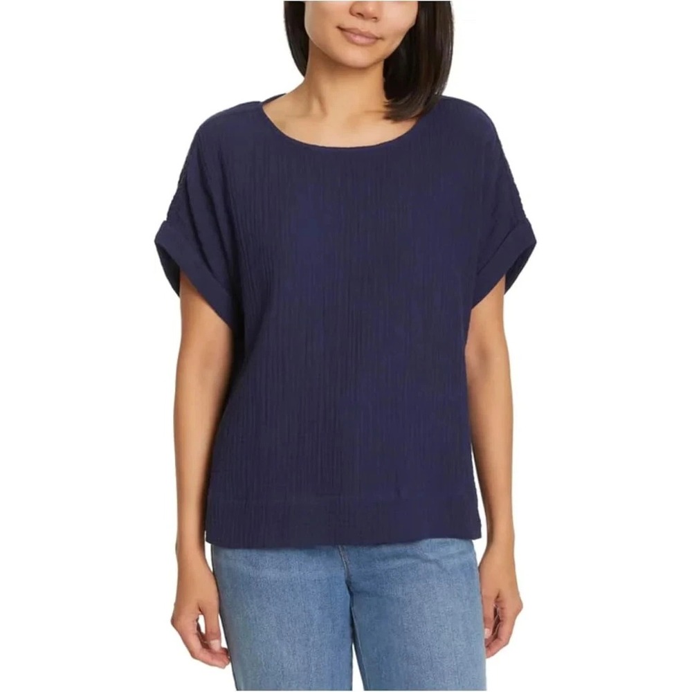 Gloria Vanderbilt Women's Short Sleeve Cotton Gauze Pullover, Navy, Size Medium